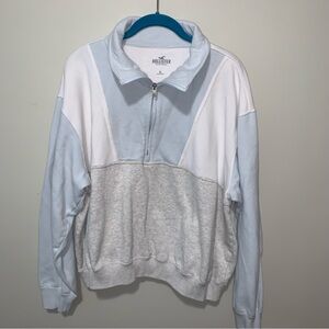 Hollister Women's Zip-Up Sweater in White Blue and Gray Colorblock